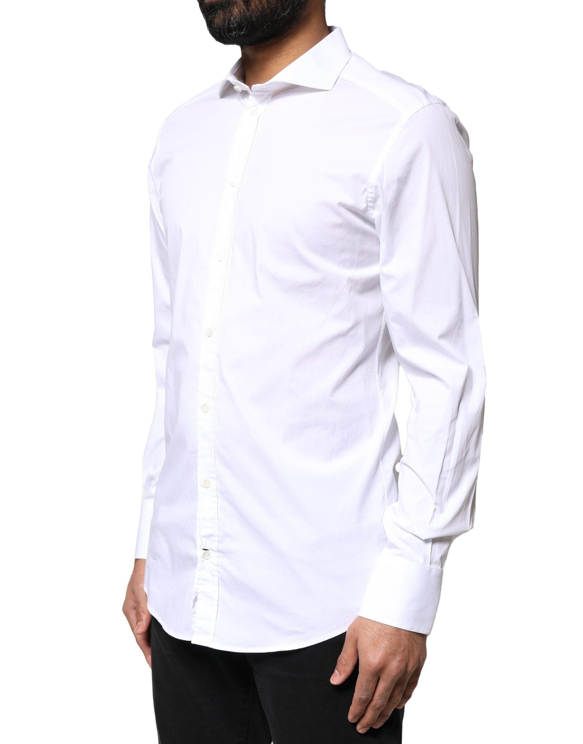A white cotton long sleeve dress shirt with a collar and button-down front