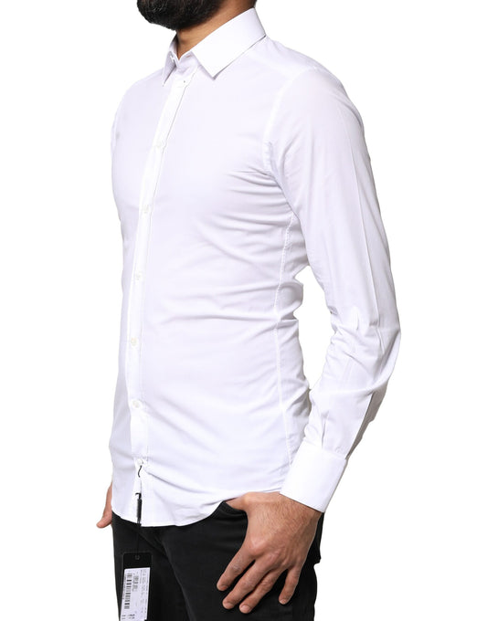 A white cotton long sleeve dress shirt with gold accents from the brand Dolce & Gabbana