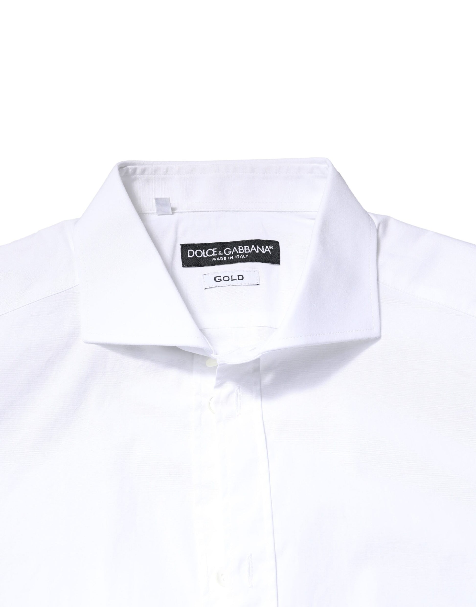 White cotton dress shirt with long sleeves, gold accents and a black label