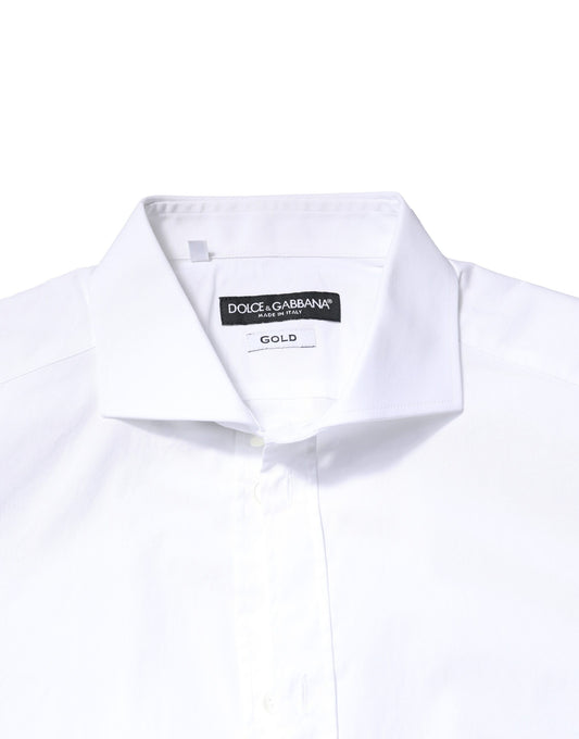 White cotton dress shirt with long sleeves, gold accents and a black label