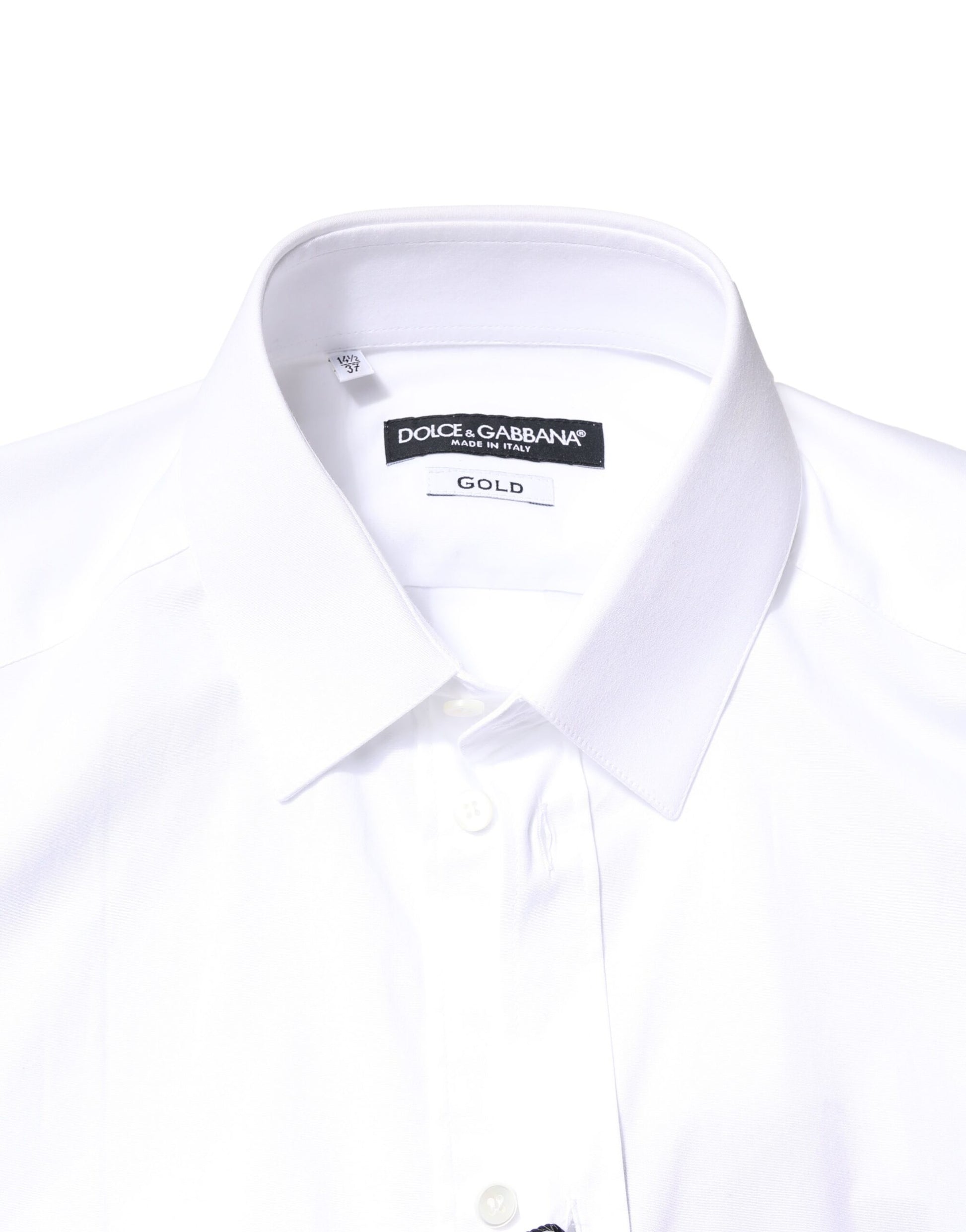 A white cotton dress shirt with long sleeves, featuring a gold label