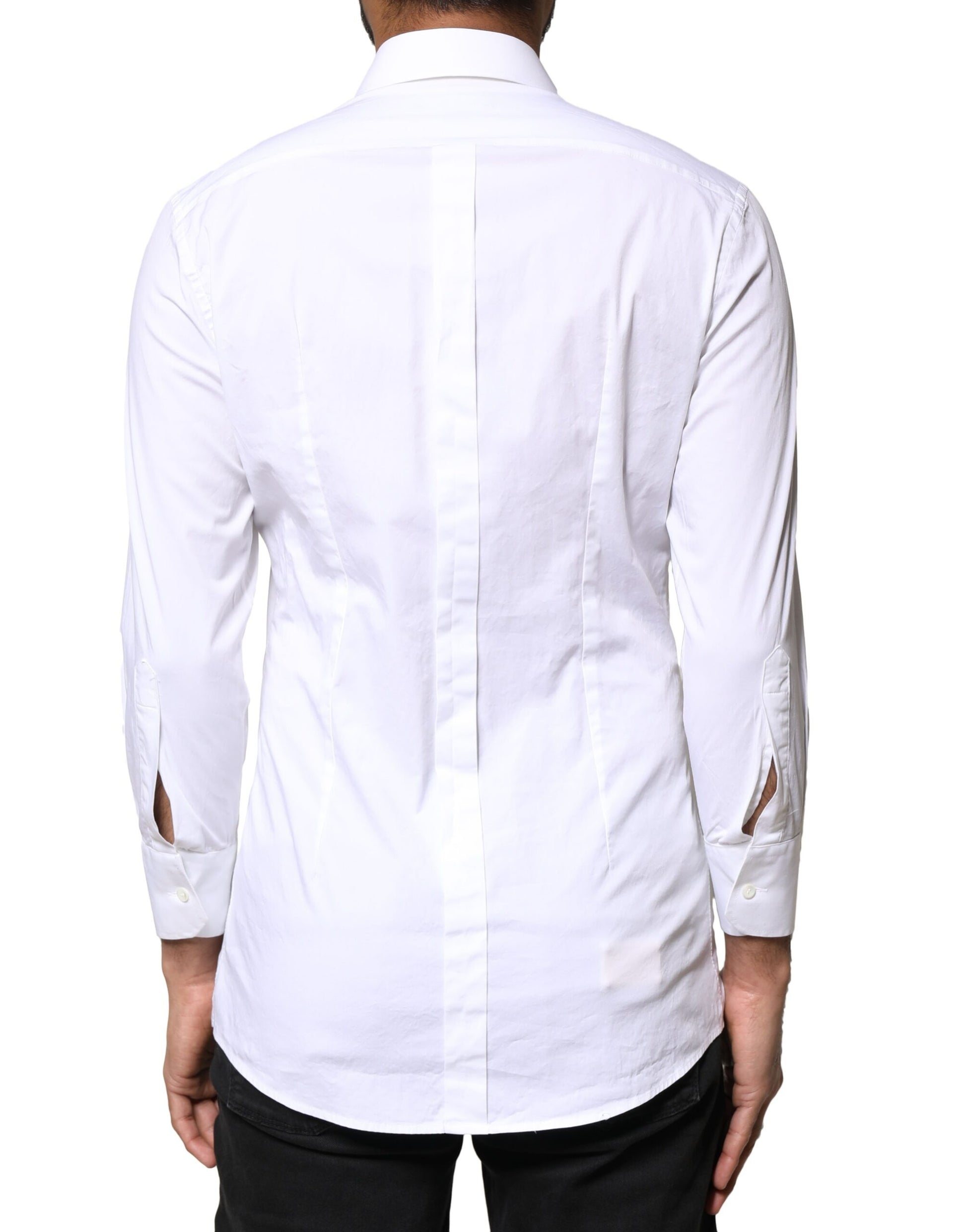 A white cotton long sleeve dress shirt with gold accents, designed by Dolce & Gabbana