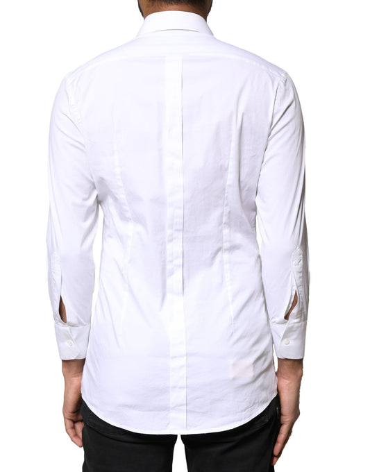 A white cotton long sleeve dress shirt with gold accents, designed by Dolce & Gabbana
