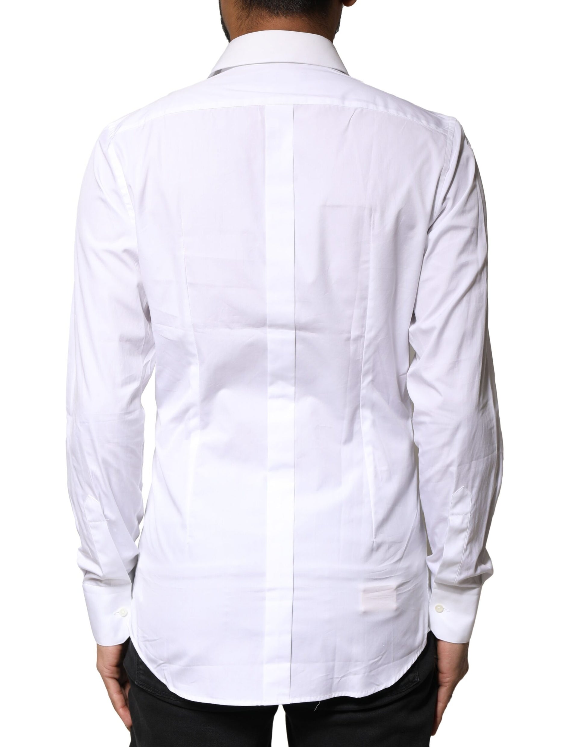A white cotton long sleeve dress shirt with gold accents from the brand Dolce & Gabbana