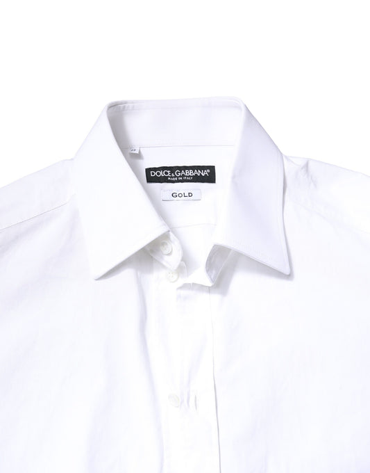 White cotton long sleeve dress shirt with gold label