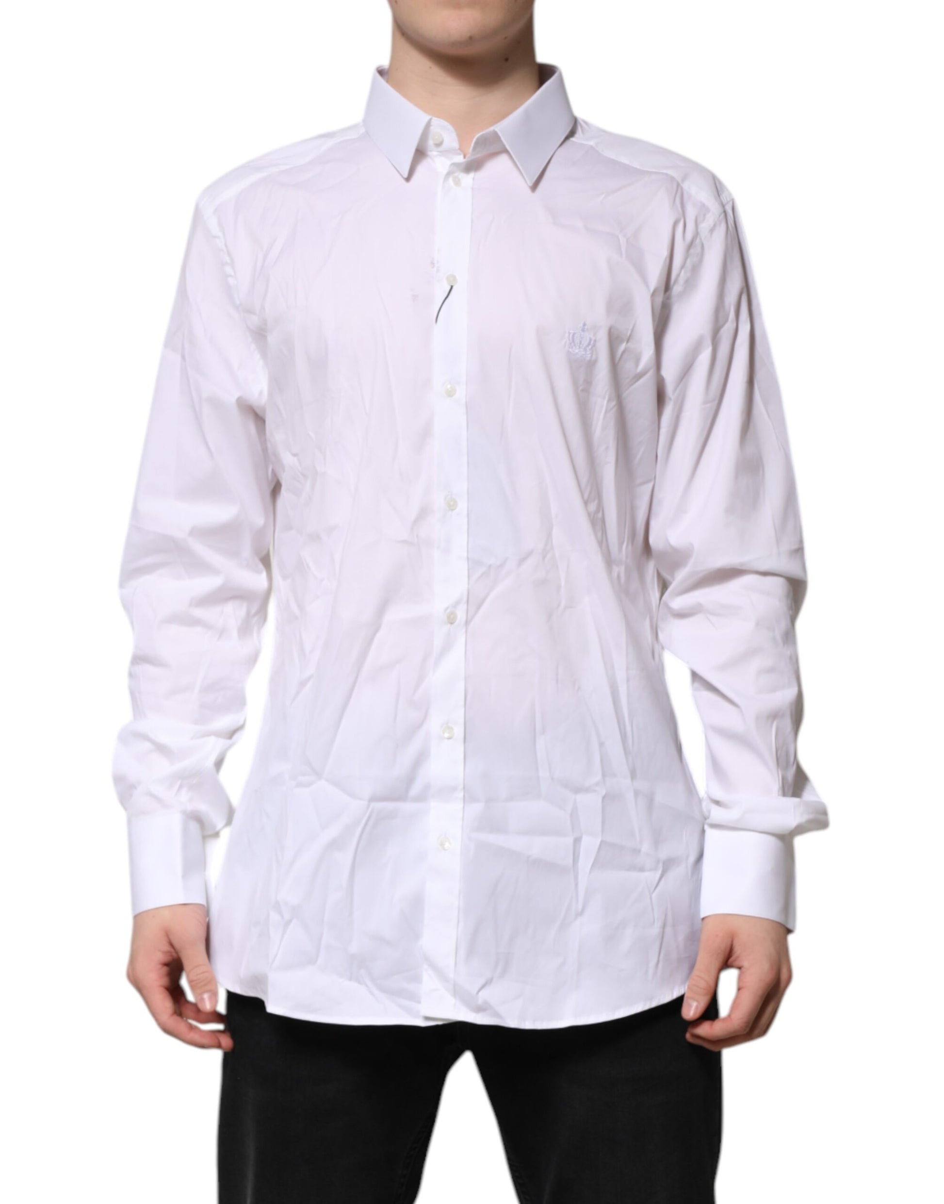 A long-sleeved white shirt with a gold pattern, part of the Dolce & Gabbana men's formal wear collection