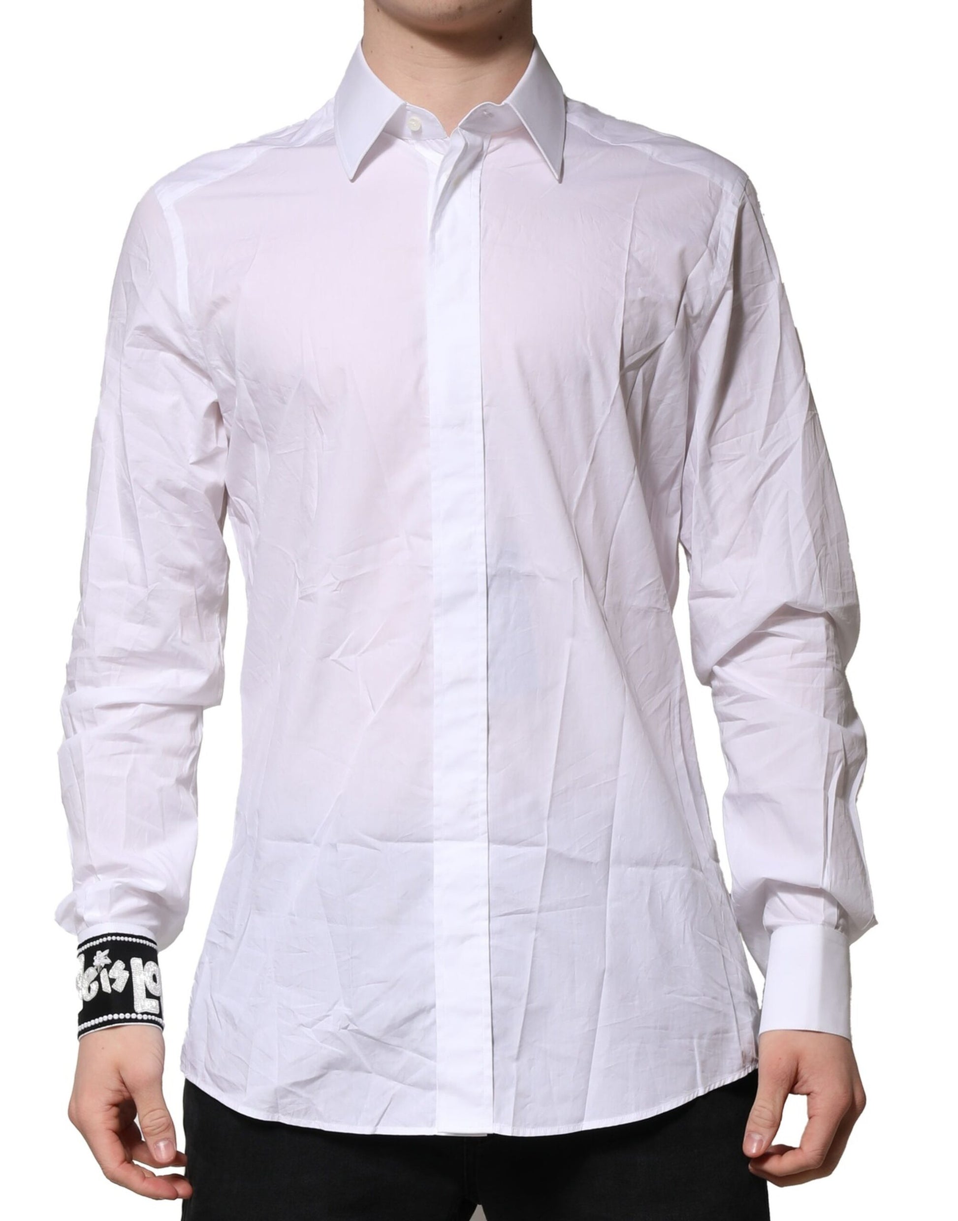A long-sleeved men's dress shirt with a white base and gold accents