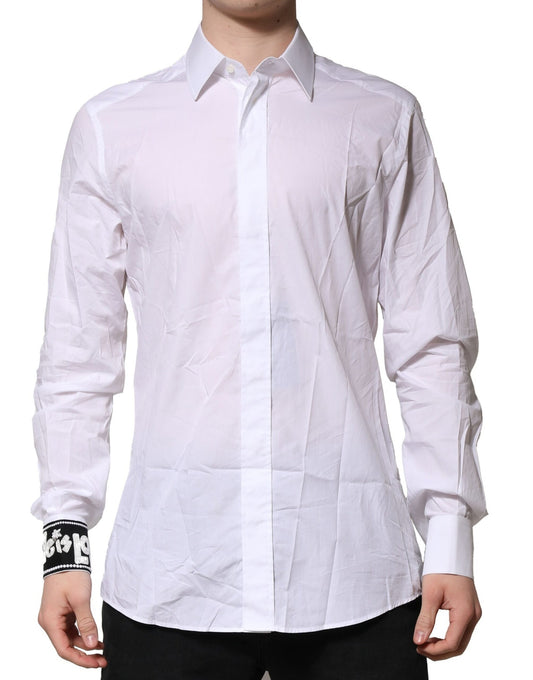 A long-sleeved men's dress shirt with a white base and gold accents