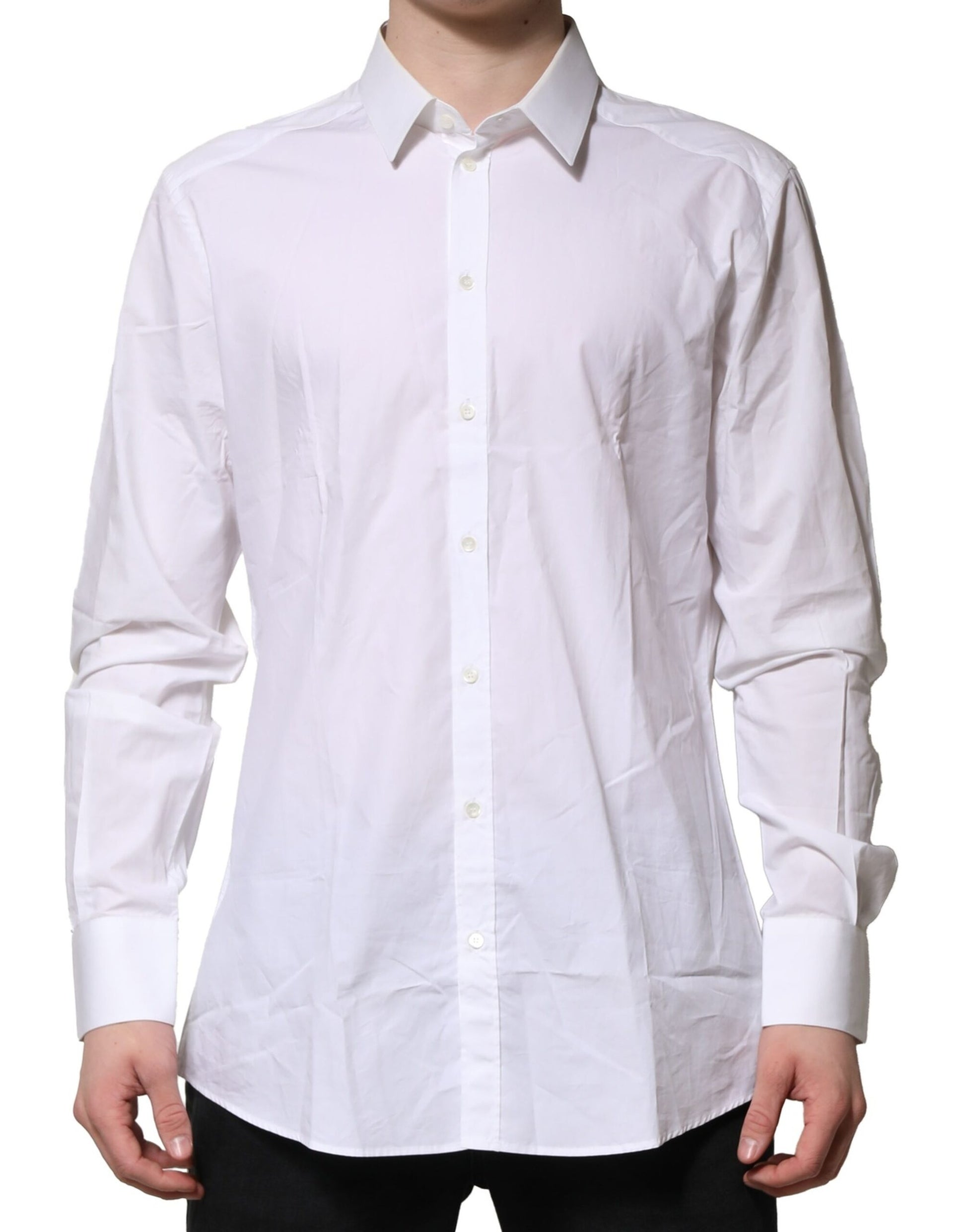 A long-sleeved, white cotton dress shirt with a gold patterned collar