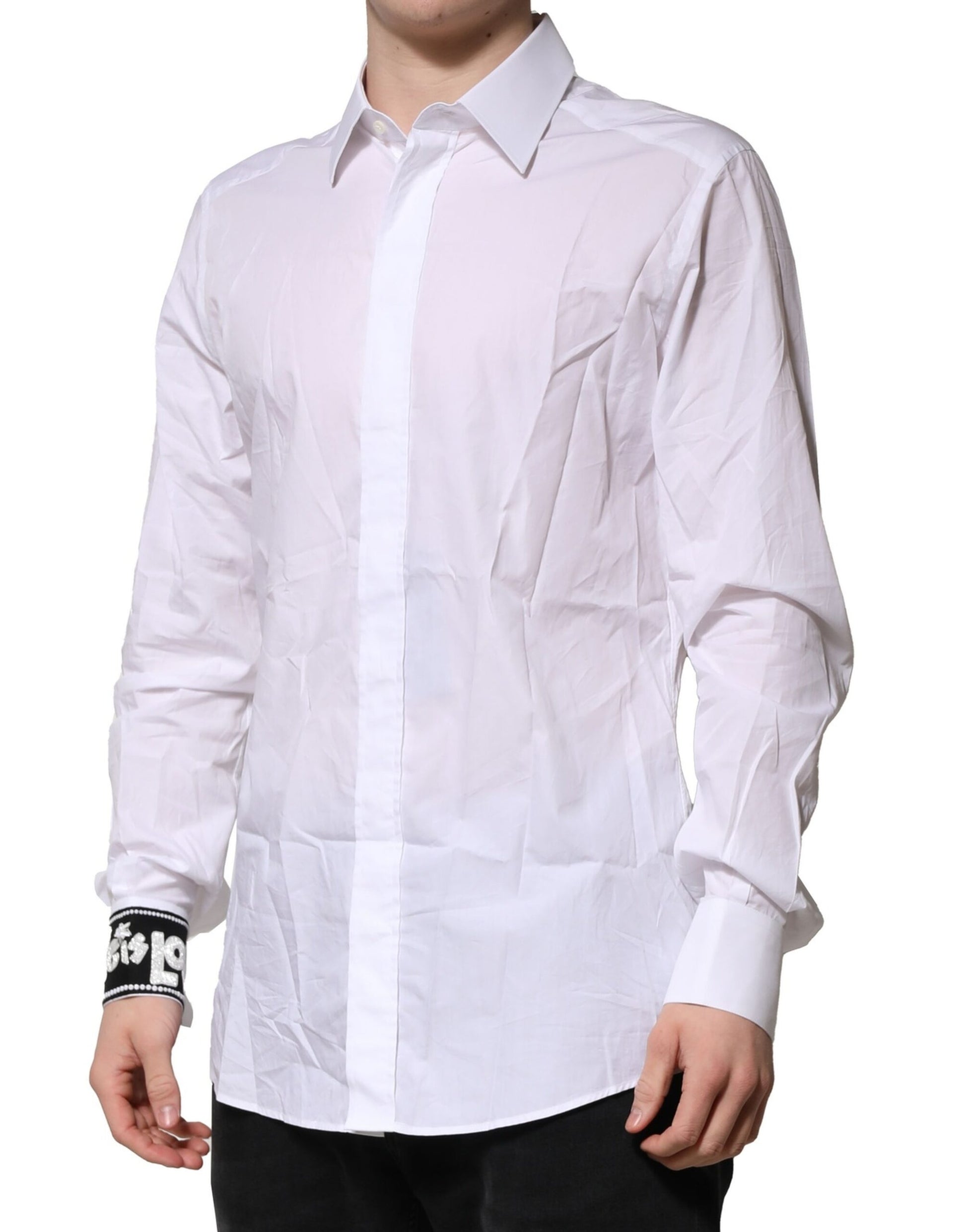 A long sleeve men's dress shirt with a white and gold color scheme