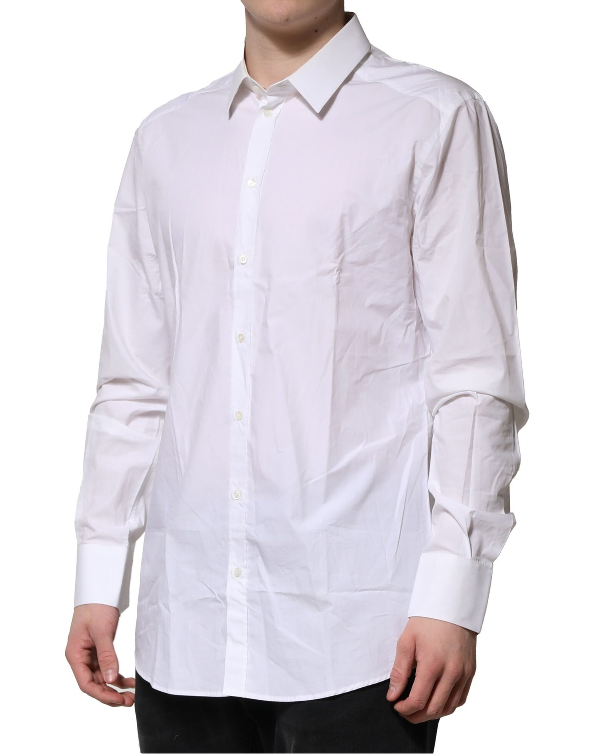 A long-sleeved white dress shirt with a gold pattern, designed for men