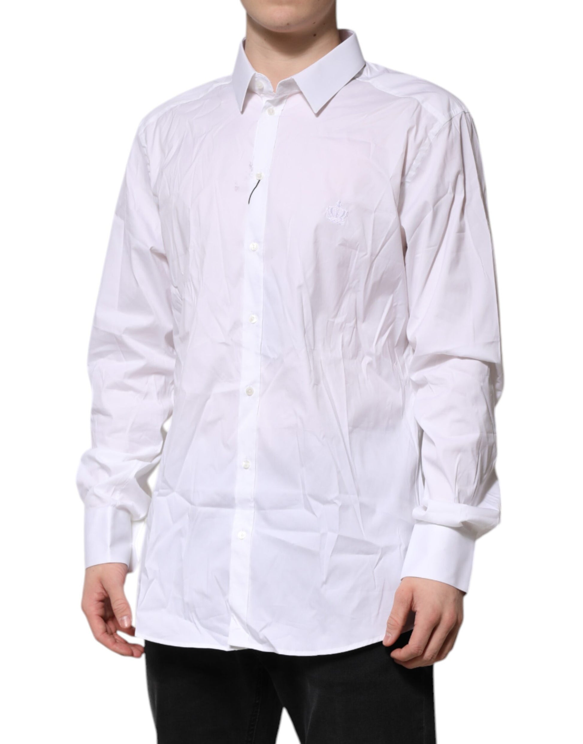 A white cotton men's dress shirt with a gold design, part of the formal wear collection by Dolce & Gabbana