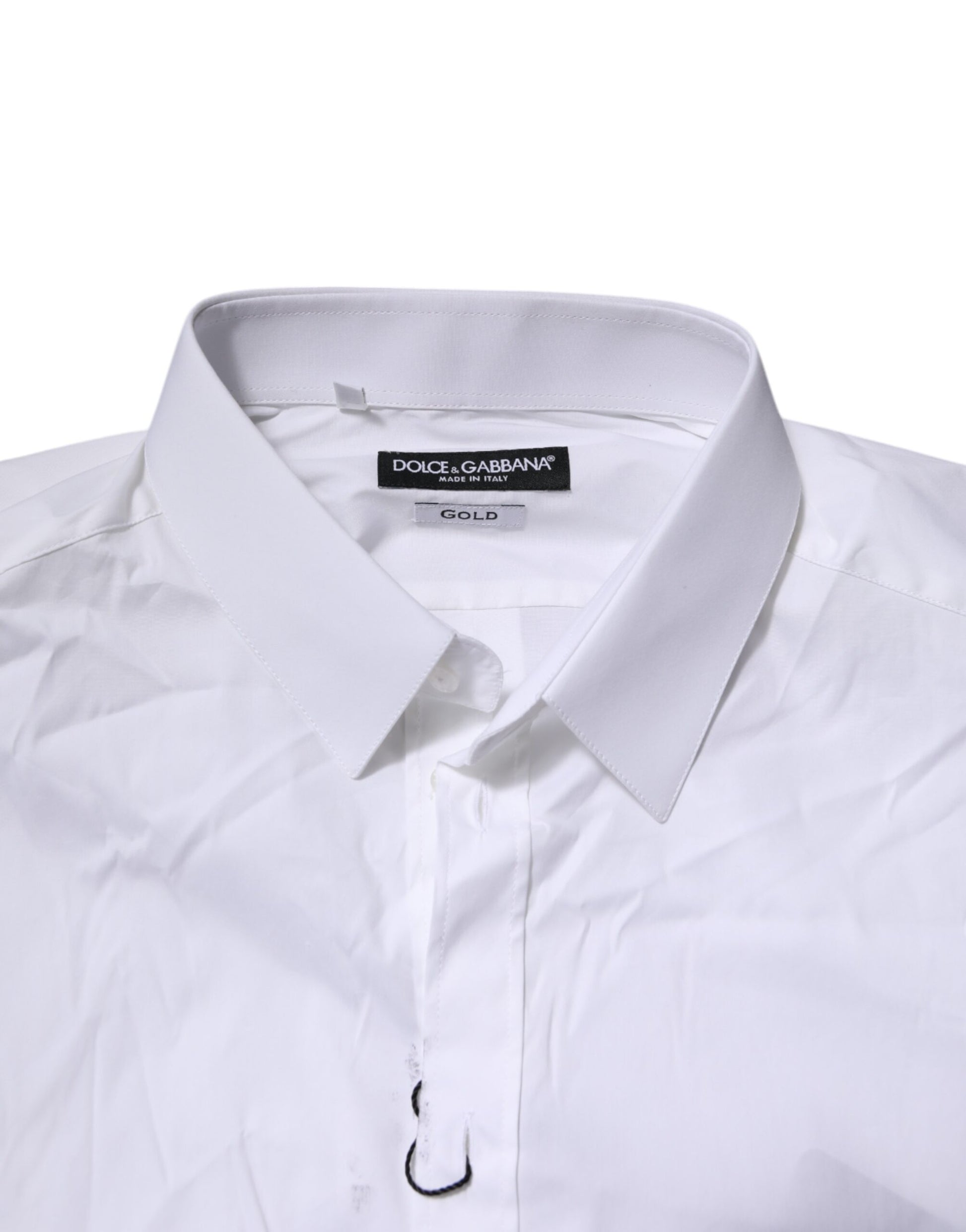 A white cotton men's dress shirt with a gold label from Dolce & Gabbana
