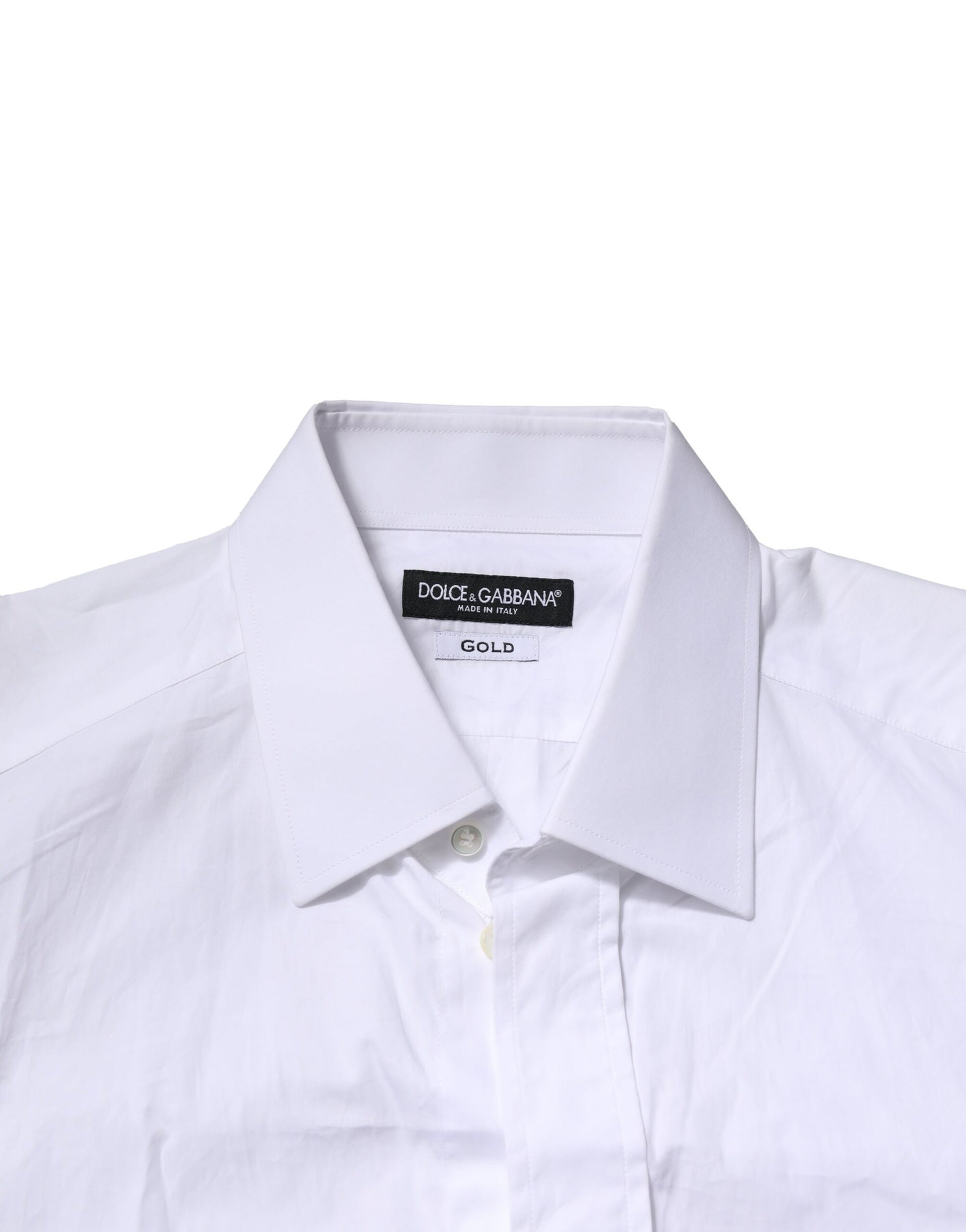 A white cotton men's dress shirt with a collar and gold accents