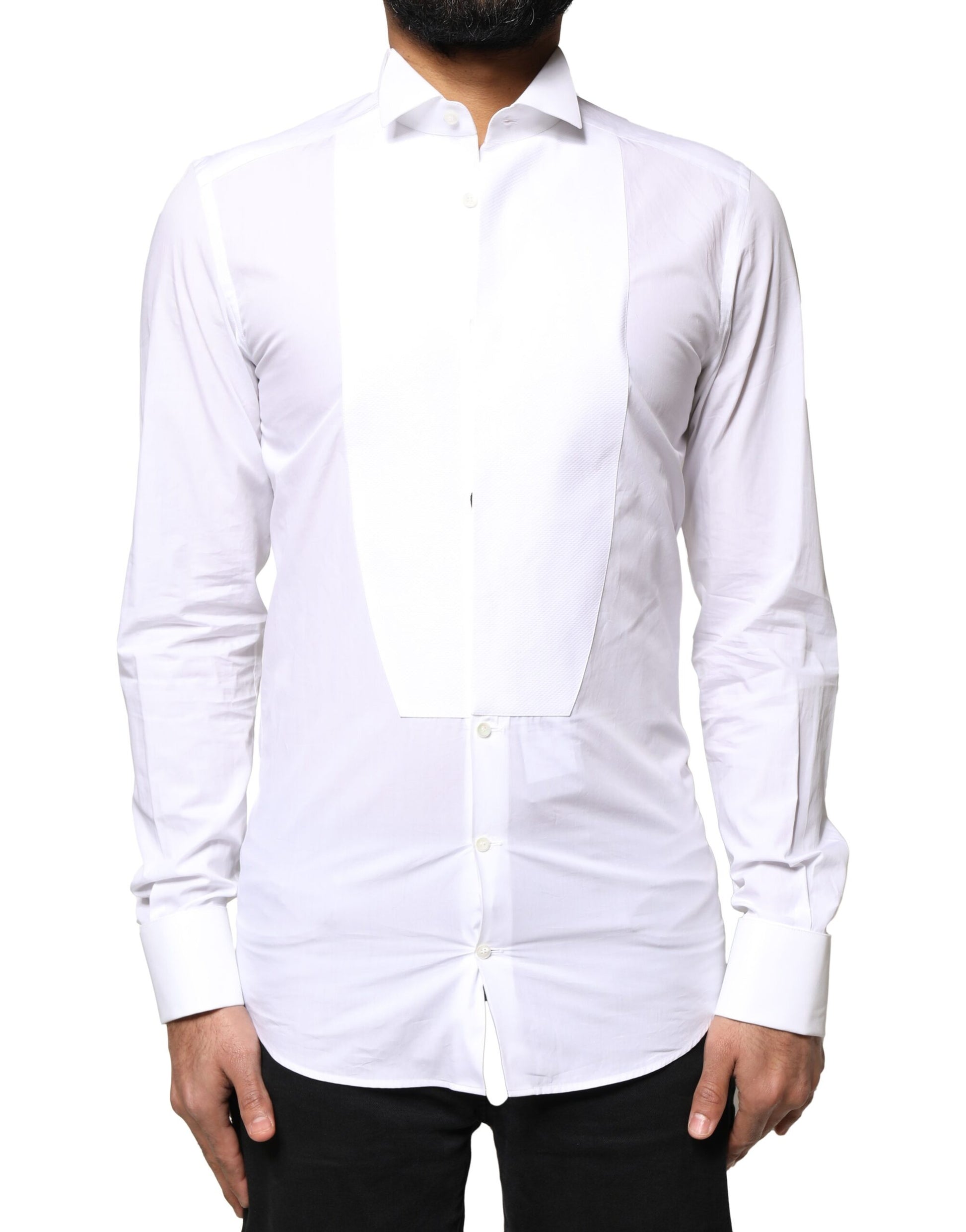 White cotton poplin men's dress shirt with gold detailing