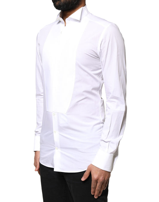 A white cotton poplin shirt with a bib front and gold accents