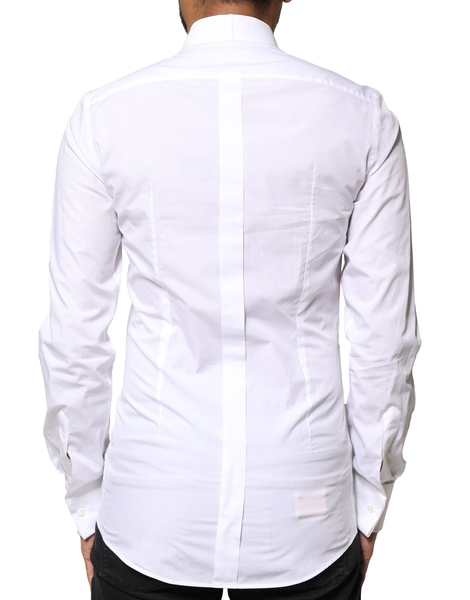 A white cotton poplin dress shirt with a gold bib front and long sleeves