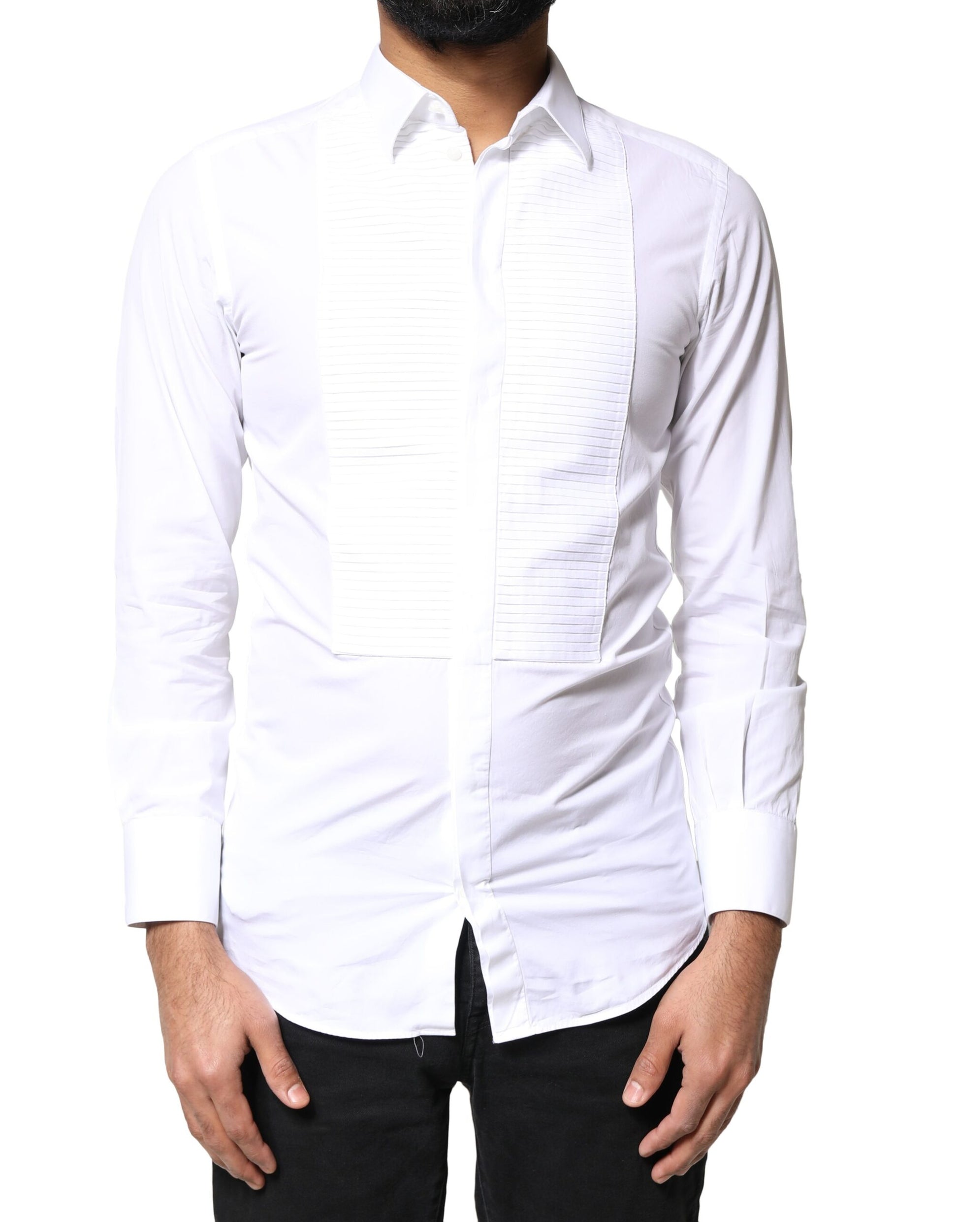 White cotton poplin men's dress shirt with gold detailing