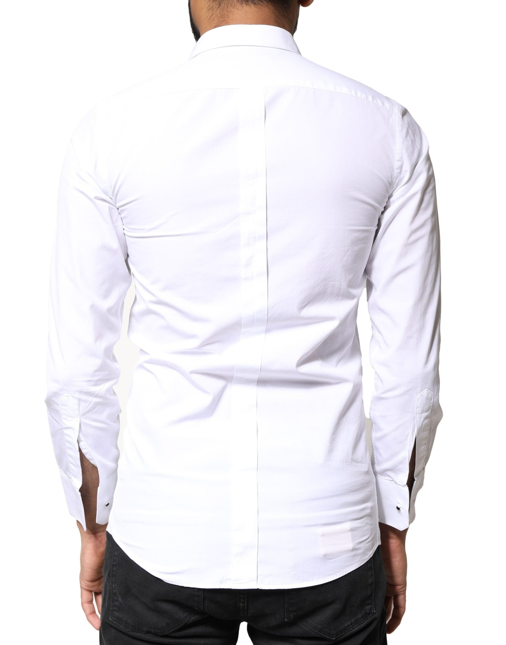 A white cotton poplin bib men's dress shirt with gold accents