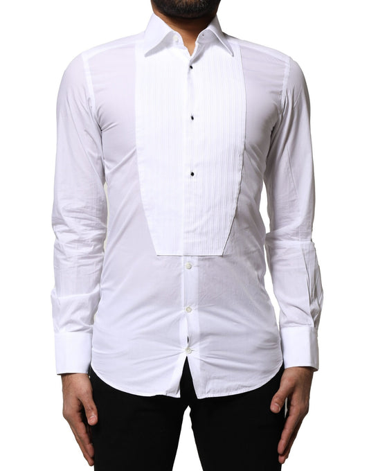 Men's white cotton dress shirt with gold accents and a poplin texture
