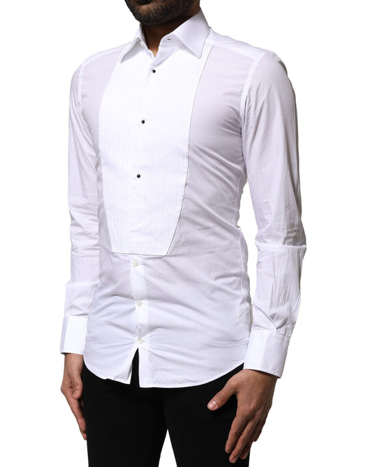 A white cotton poplin dress shirt with a gold collar and cuffs