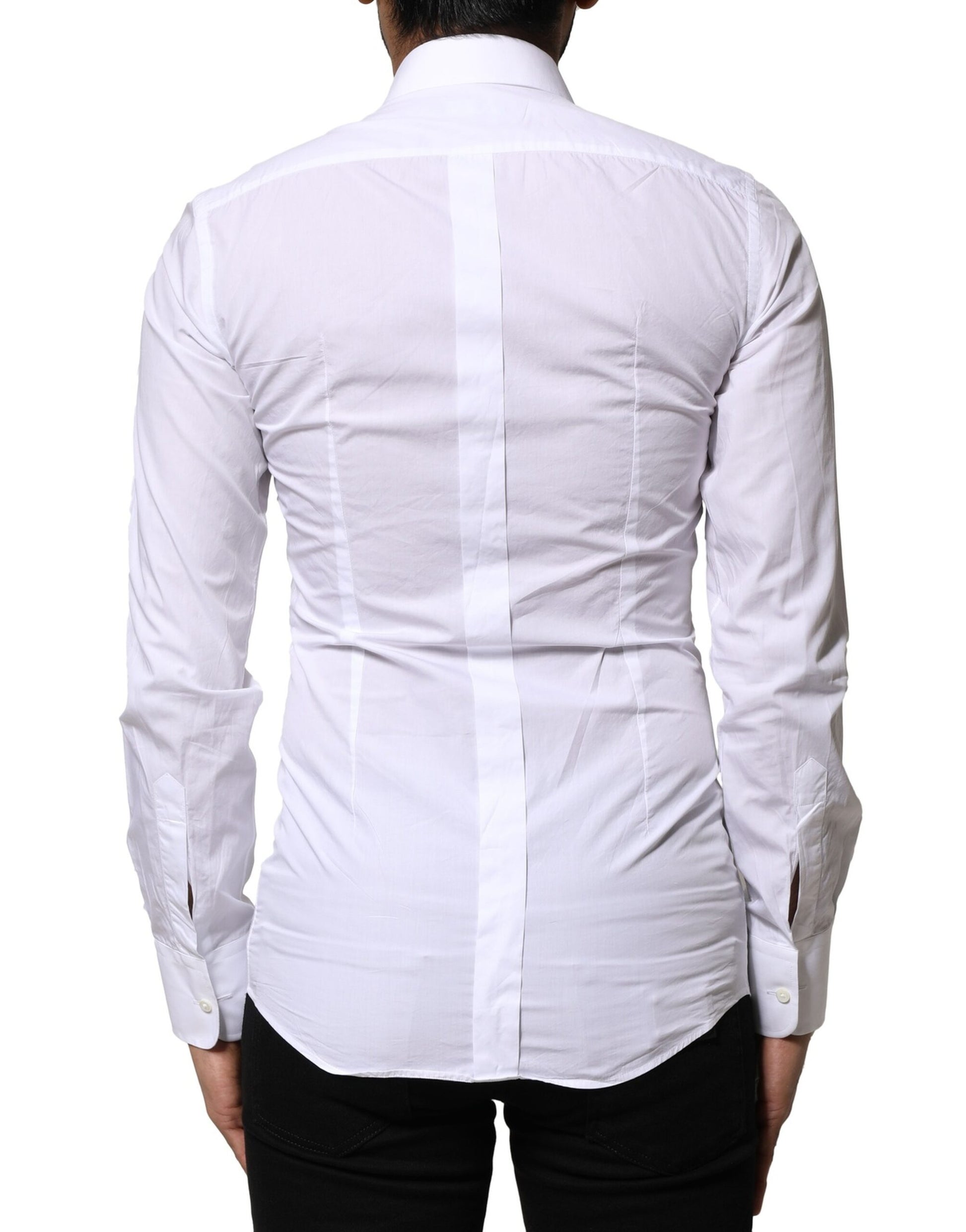 A white cotton dress shirt with gold accents from the brand Dolce & Gabbana