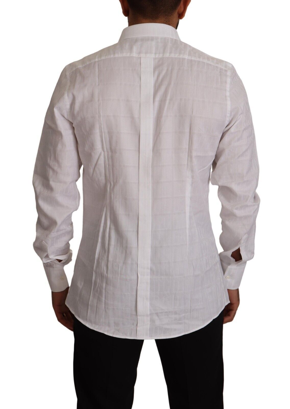 A white cotton dress shirt with a slim fit and gold accents