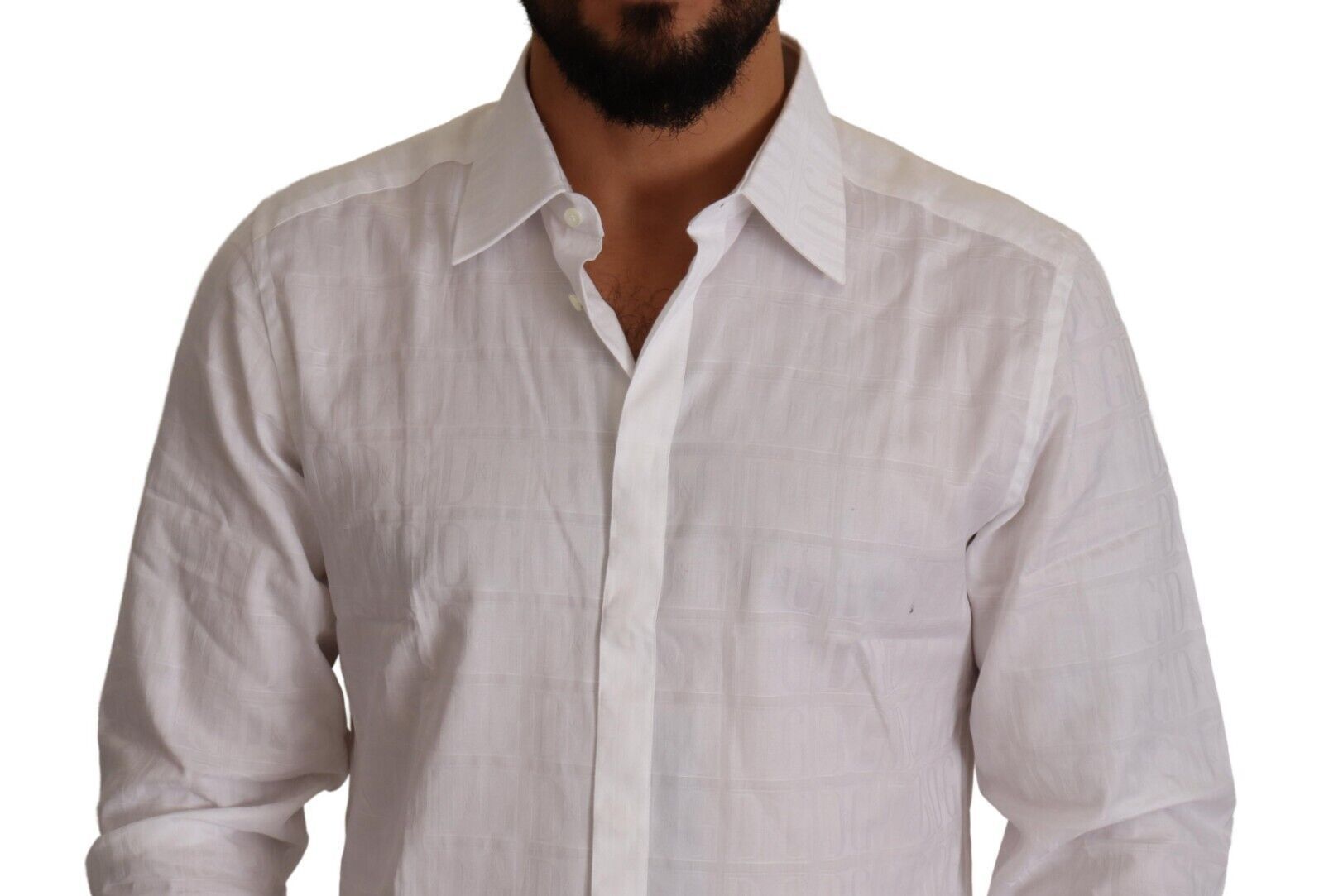 A white cotton dress shirt with a gold design, slim fit, and long sleeves