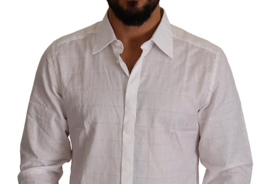 A white cotton dress shirt with a gold design, slim fit, and long sleeves