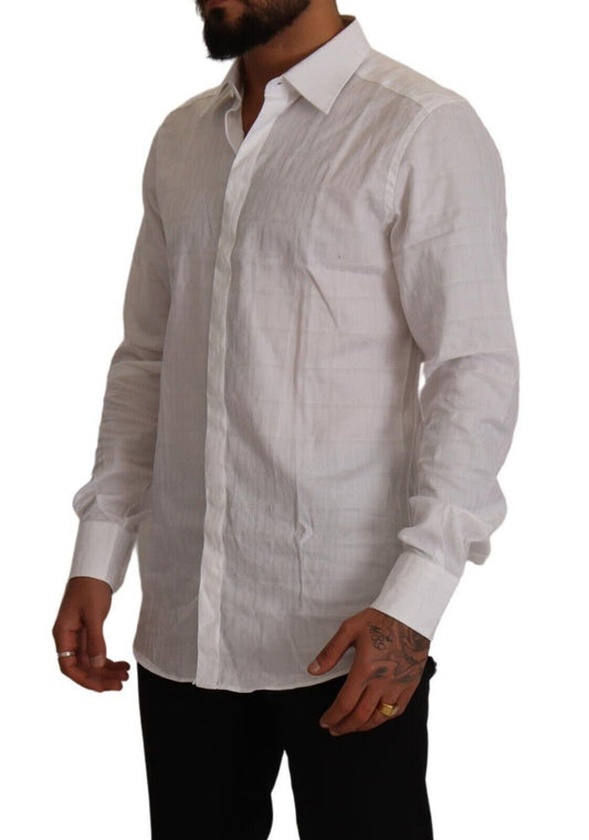 A white cotton dress shirt with long sleeves and a slim fit