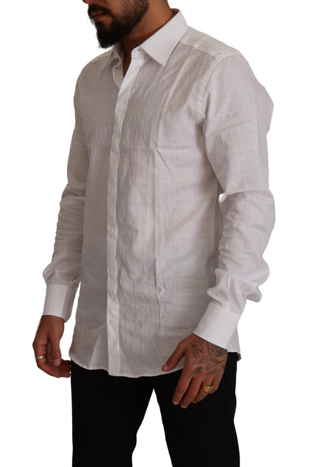 A white cotton shirt with long sleeves and a slim fit