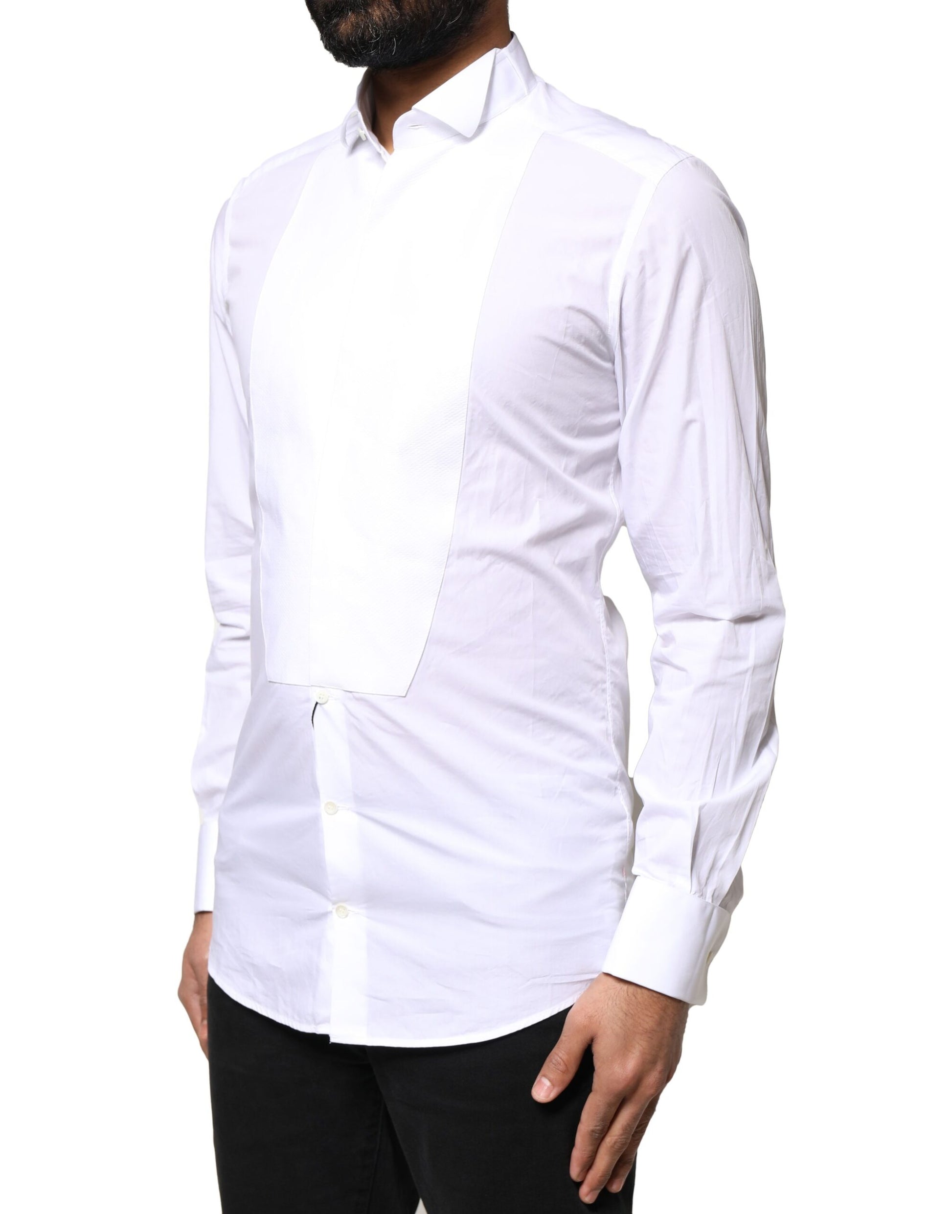 A white cotton poplin dress shirt with a bib front and gold accents