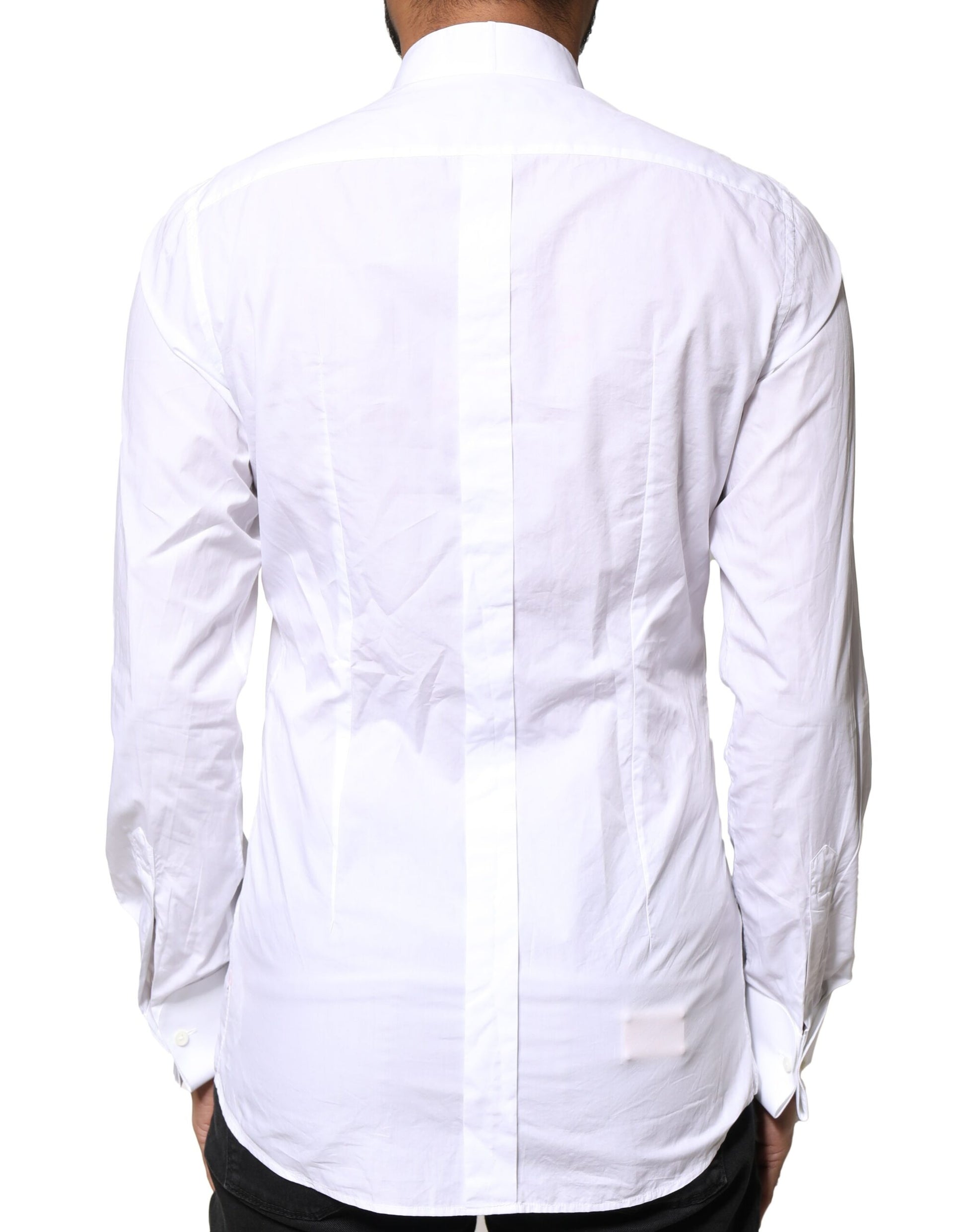 A white cotton poplin shirt with a gold bib front and long sleeves