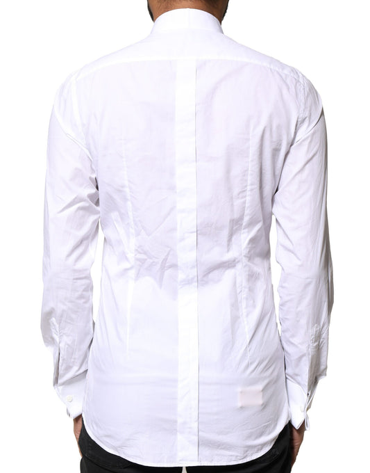 A white cotton poplin shirt with a gold bib front and long sleeves