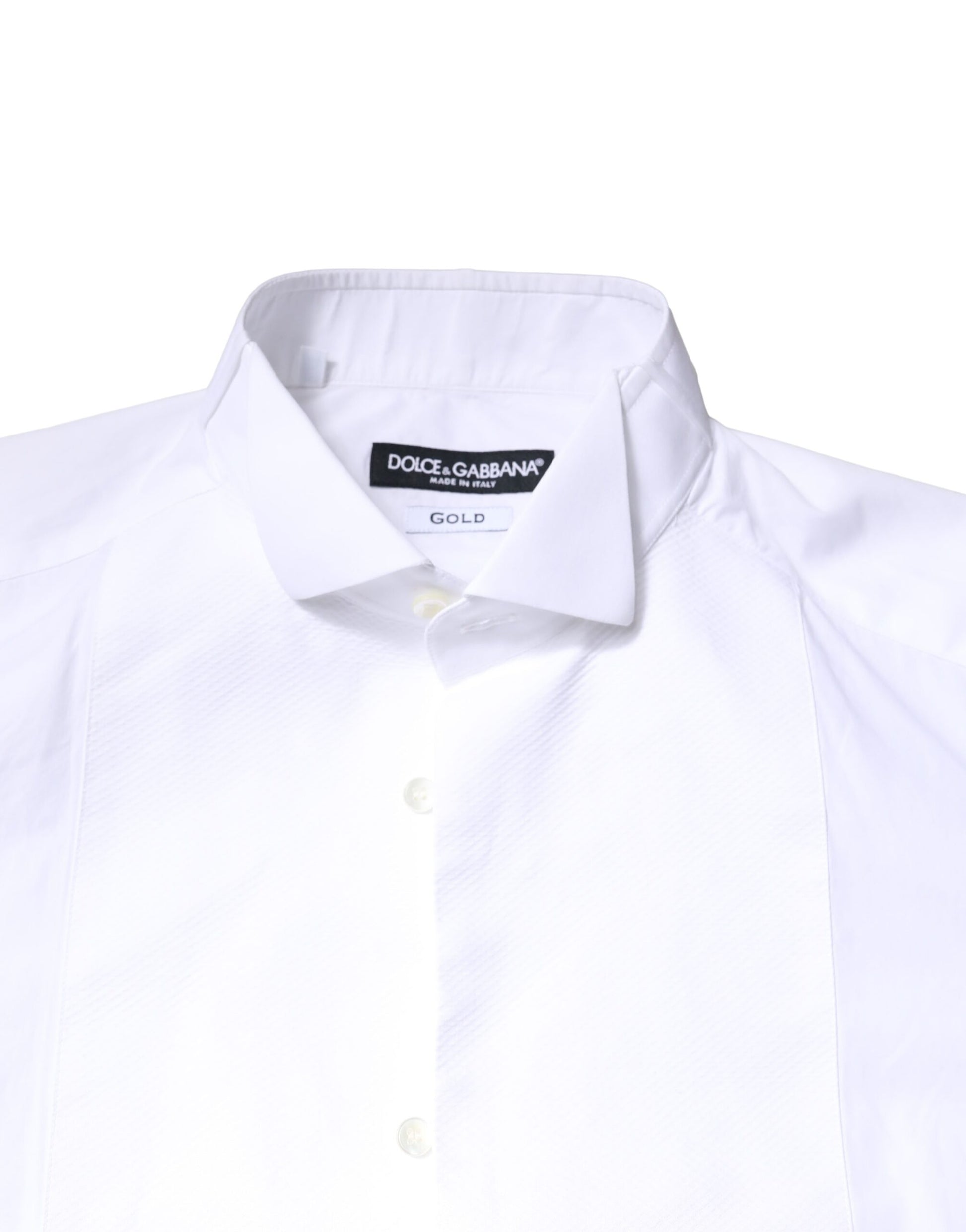 White cotton poplin shirt with gold detailing, featuring a bib front and collar