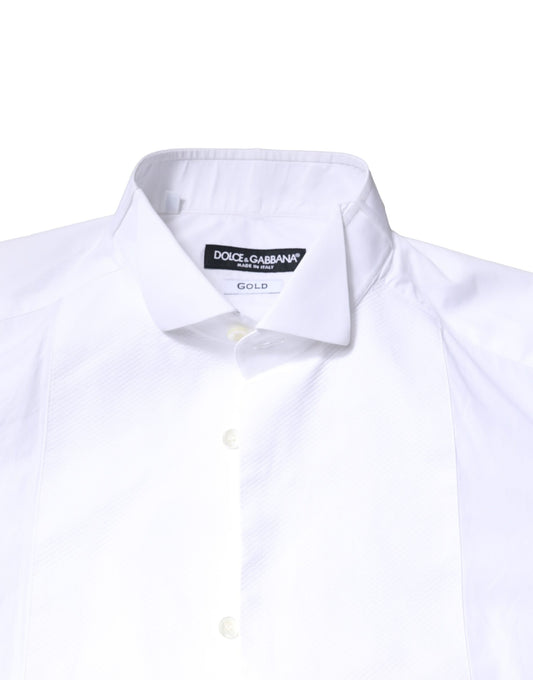 White cotton poplin shirt with gold detailing, featuring a bib front and collar