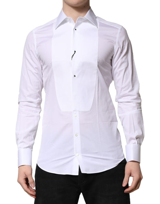 Men's white dress shirt with gold crown detailing on collar and cuffs