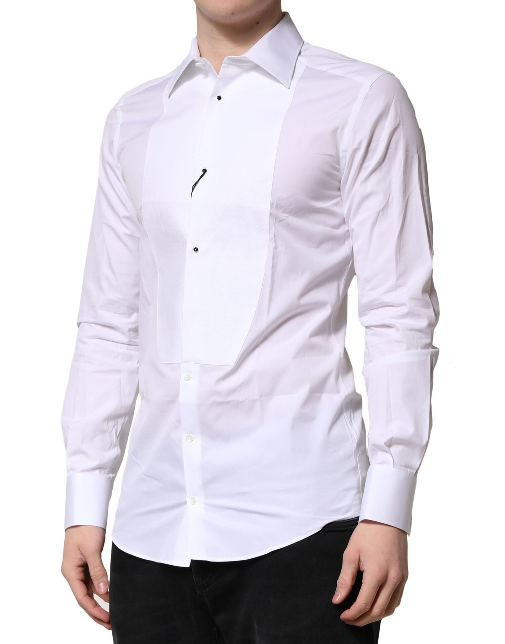 Men's white dress shirt with gold crown detailing on collar and cuffs
