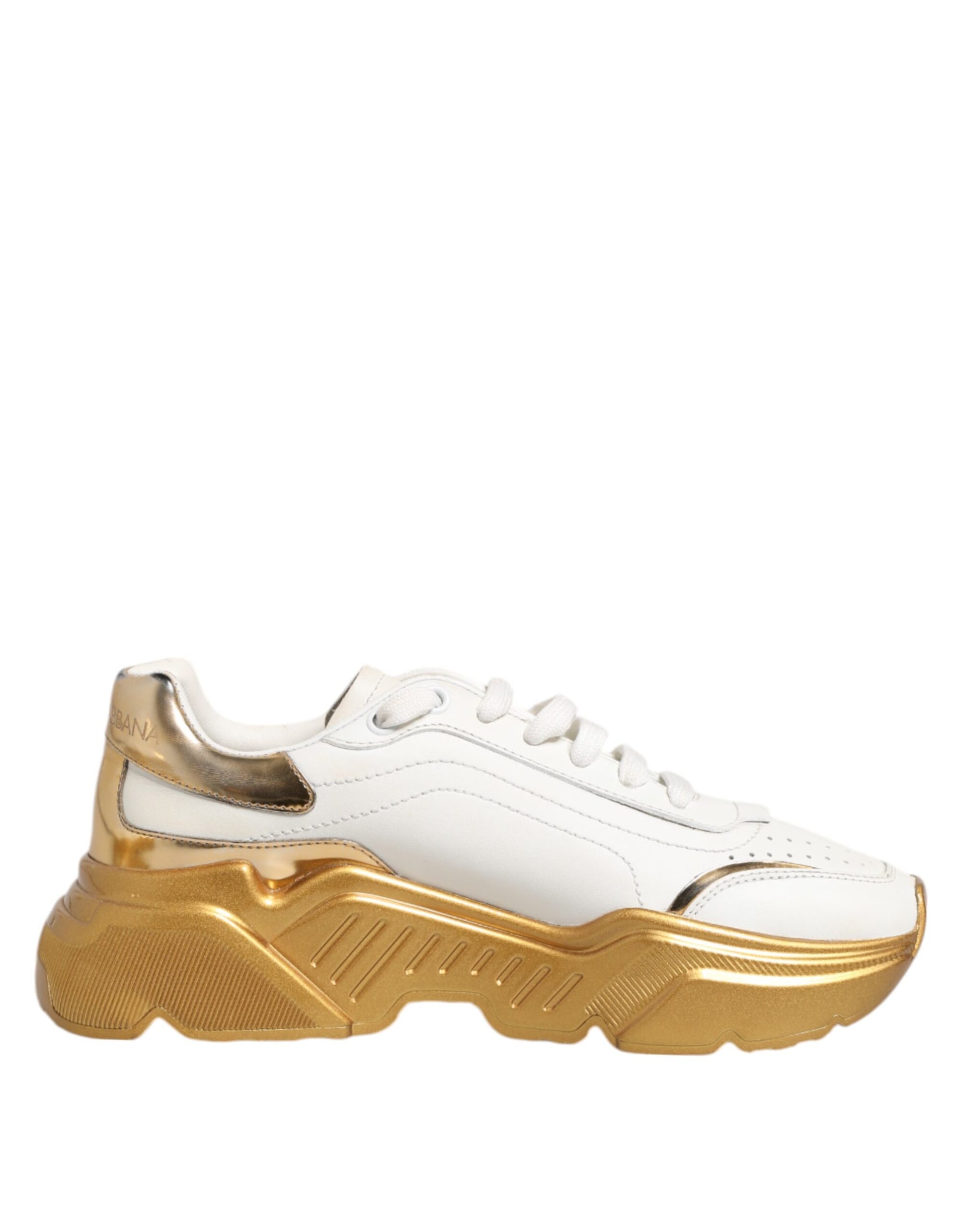White gold leather sneakers with white soles, featuring a high top design