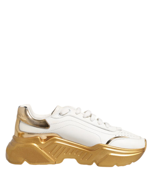White gold leather sneakers with white soles, featuring a high top design