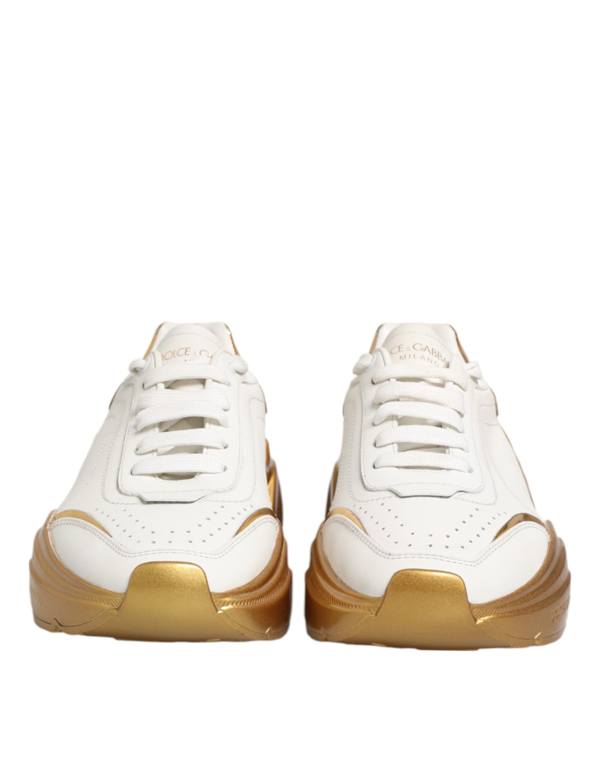 Pair of white gold leather sneakers with laces, designed by Dolce & Gabbana