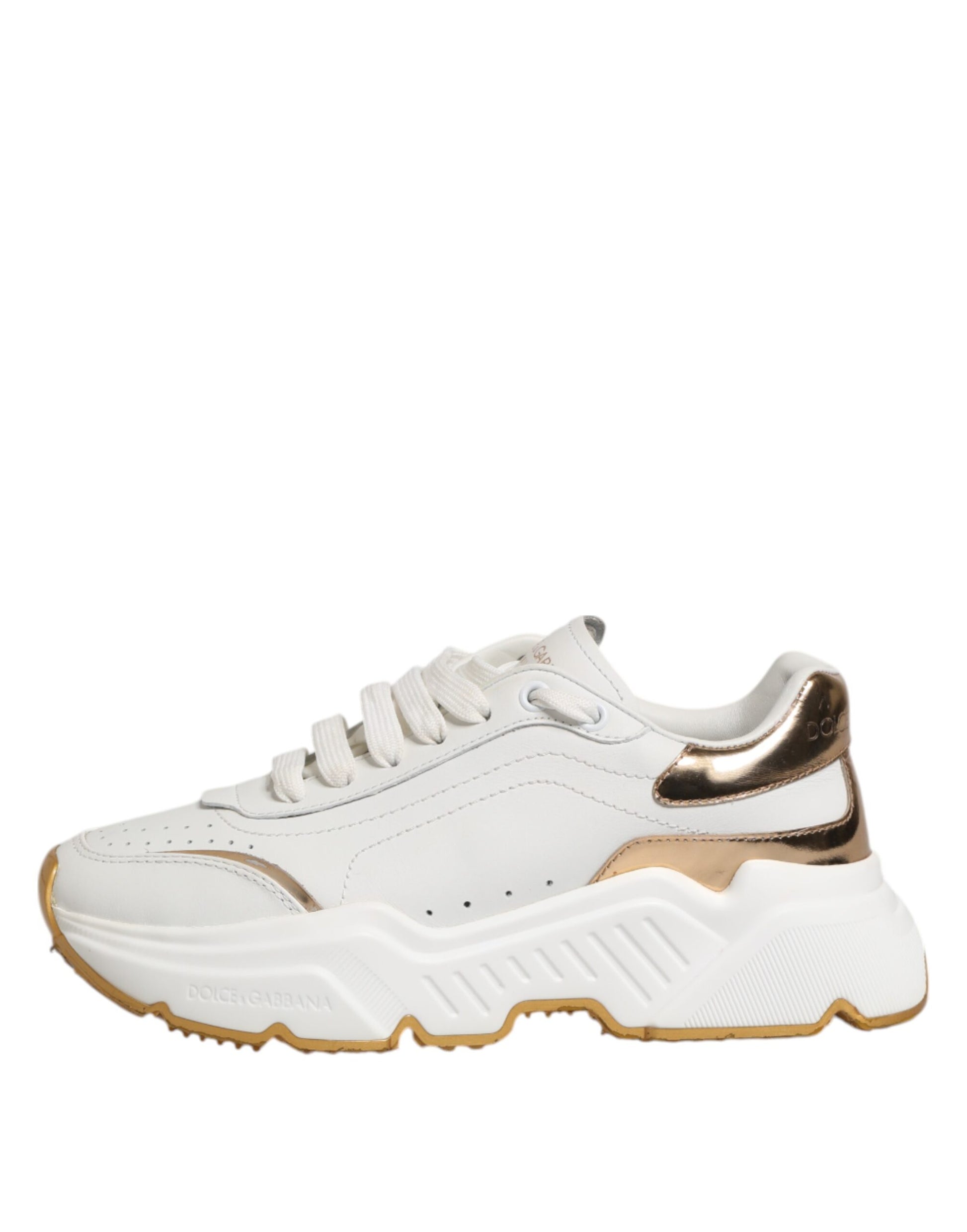 White gold leather sneakers with laces, featuring a glossy finish and embellished with metallic accents