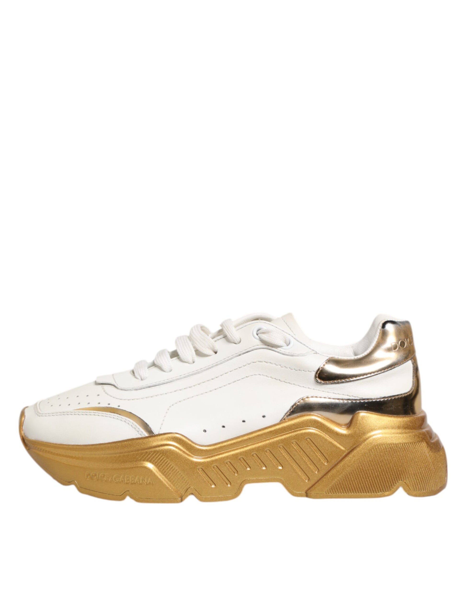 White gold leather sneakers with laces, logo on side and heel