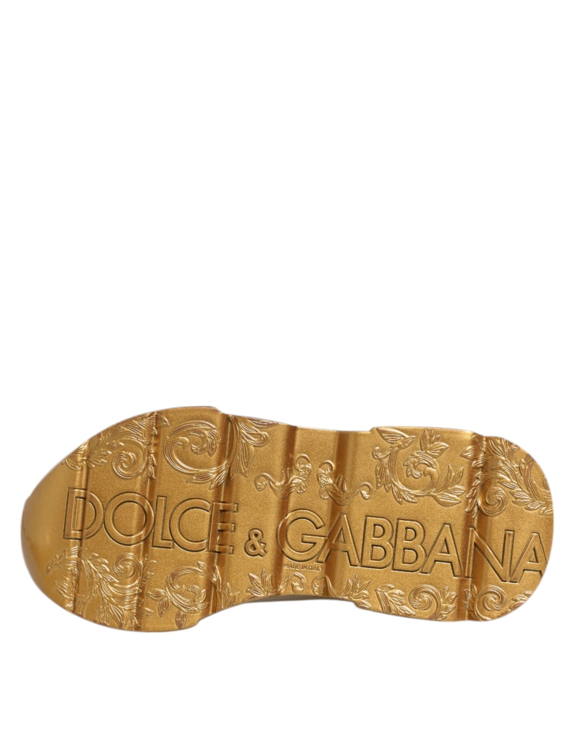 A pair of white gold leather sneakers with a floral design on the side