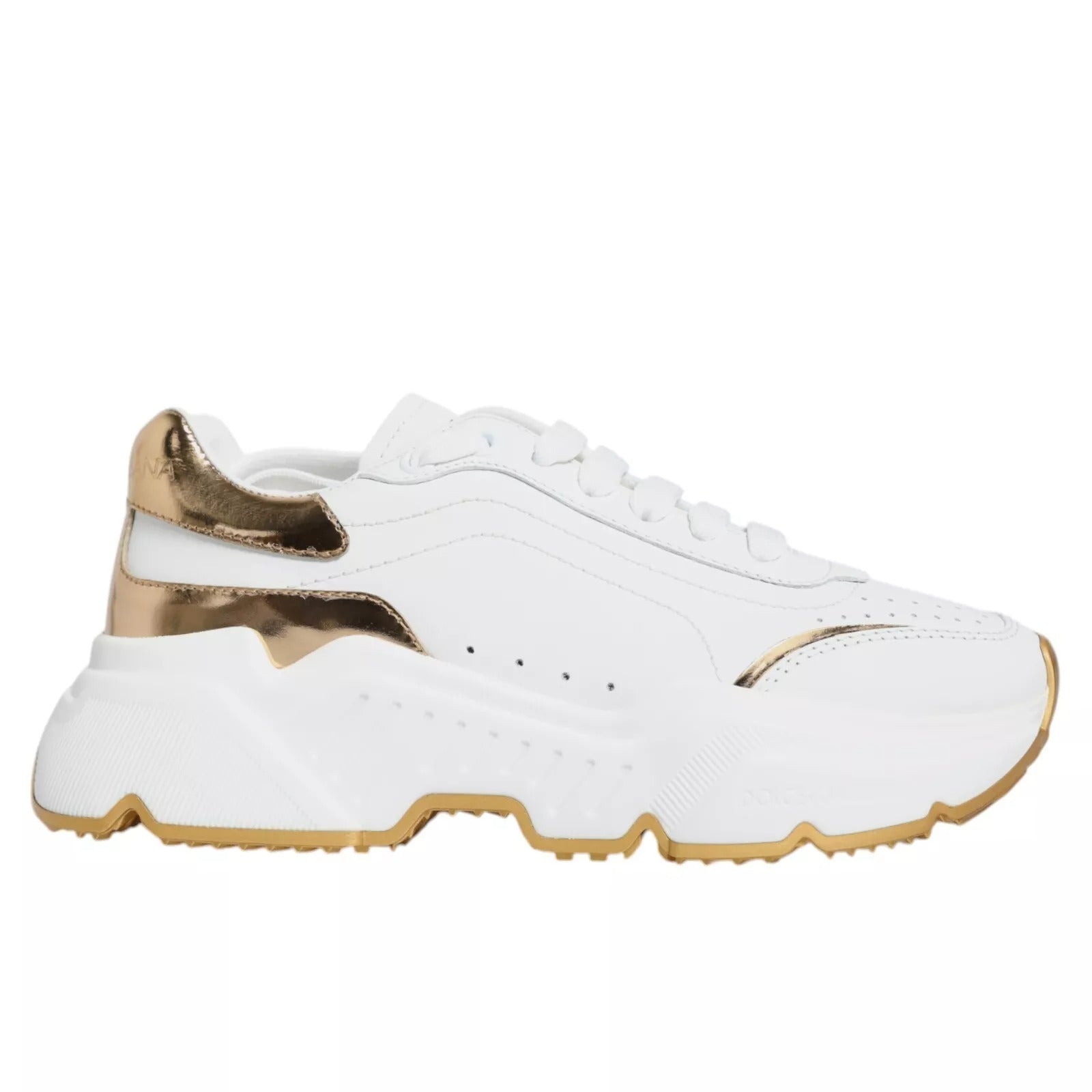 White sneaker with gold accents