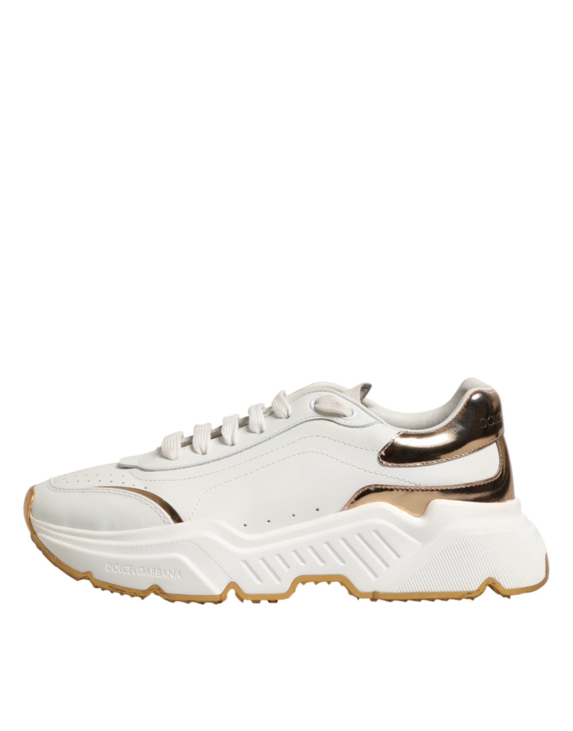 White sneaker with gold accents