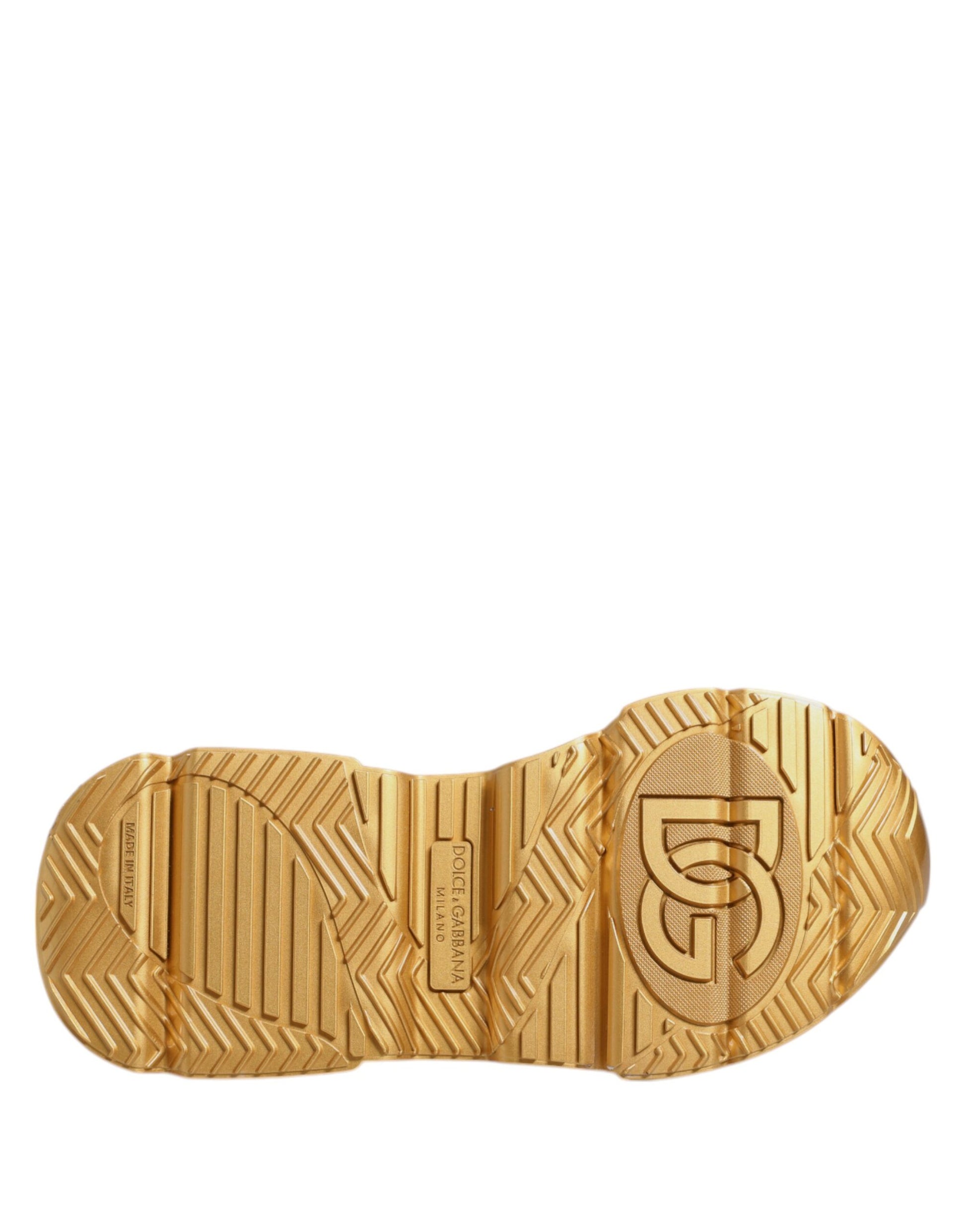 Gold shoe with a logo on the side