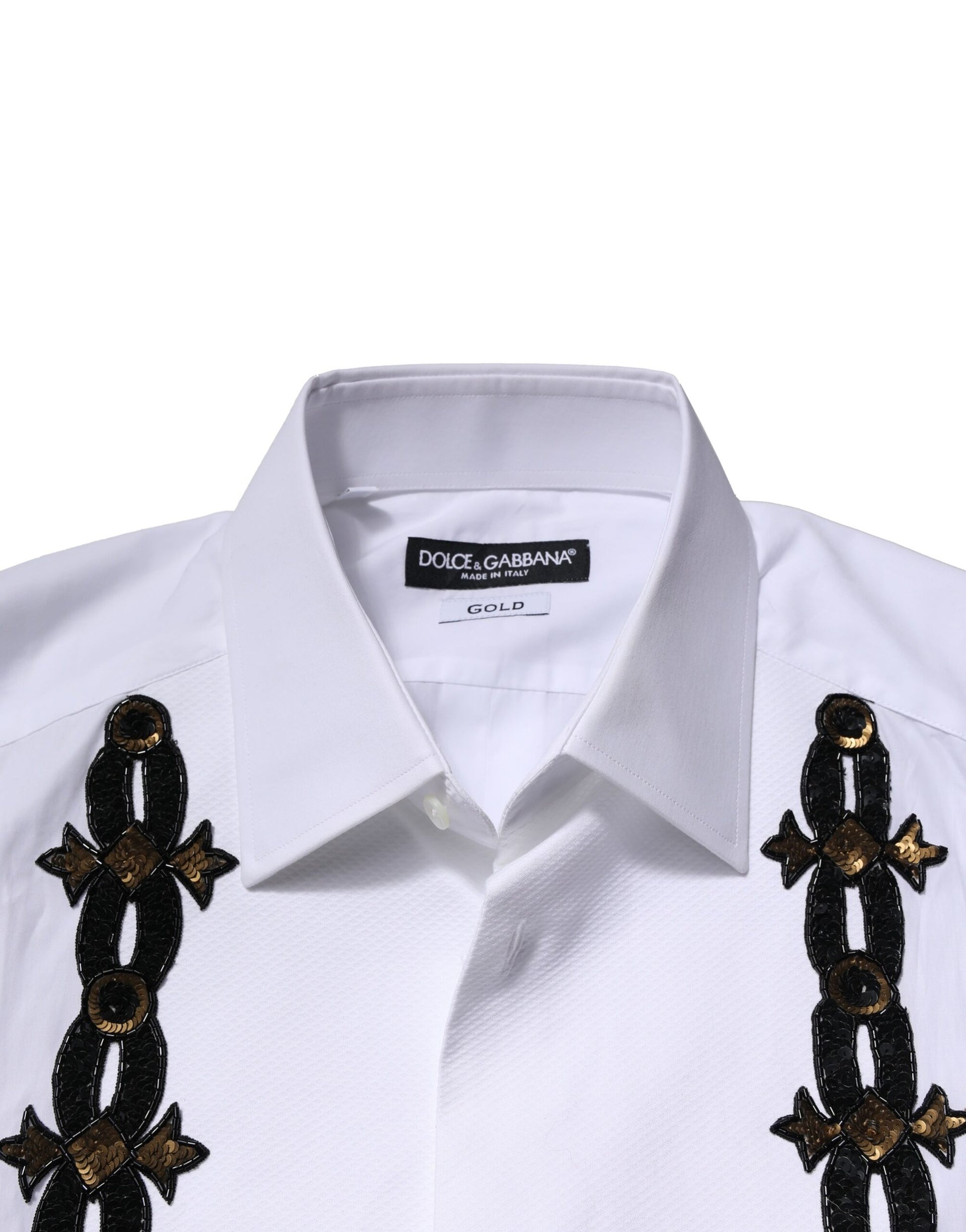 White men's dress shirt with gold embellishments on the collar and cuffs