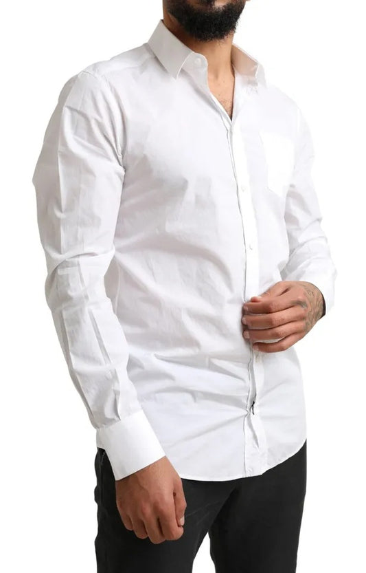 A white cotton tuxedo dress shirt with long sleeves and a collar