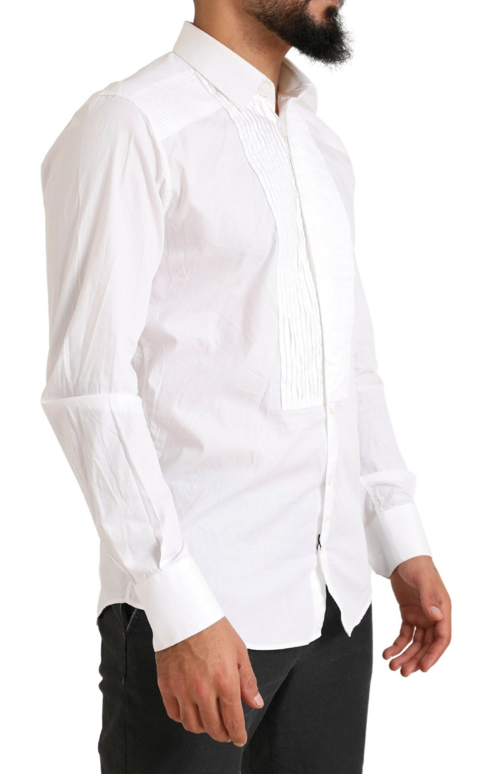 A white cotton tuxedo dress shirt with gold accents, designed by Dolce & Gabbana